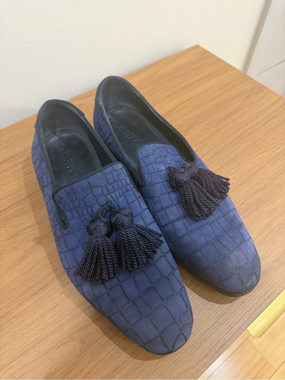Jimmy Choo Blue Croc-Embossed Suede Tassel Loafers